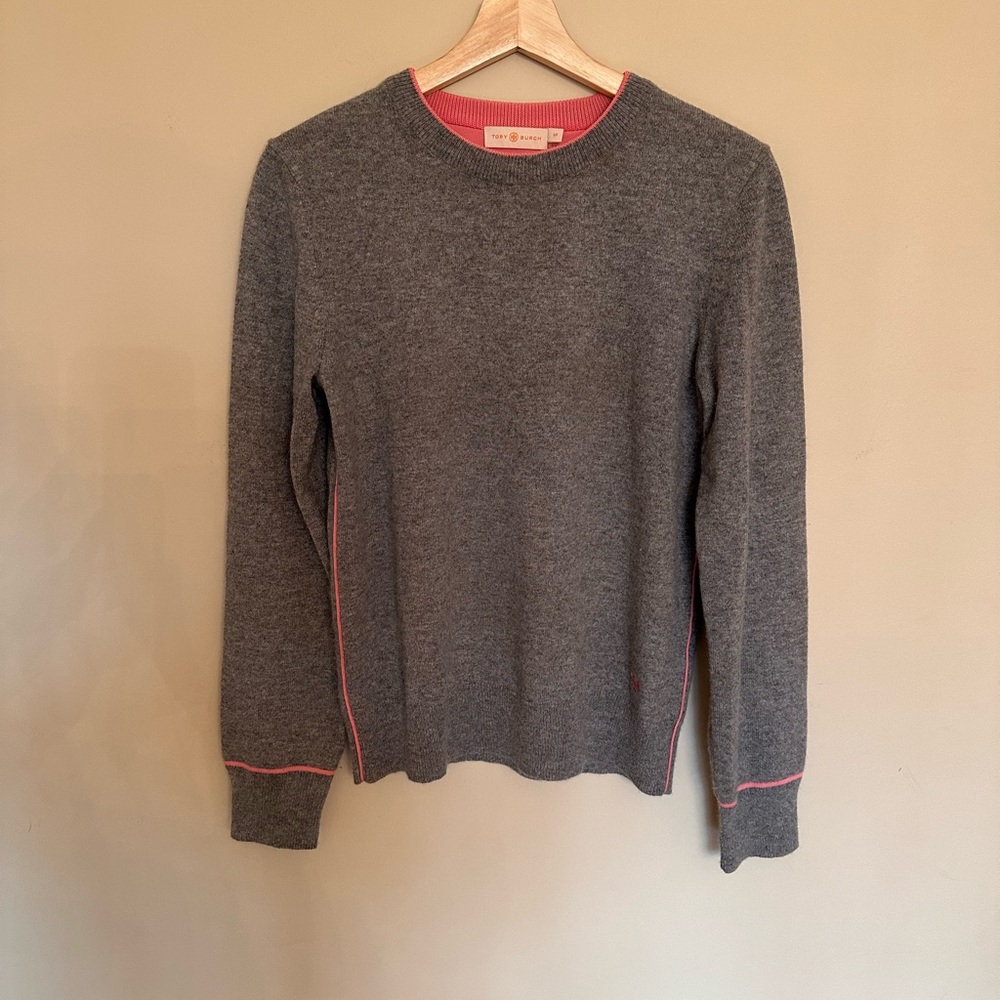 Tory Burch Gray Crewneck Sweater with Pink Trim